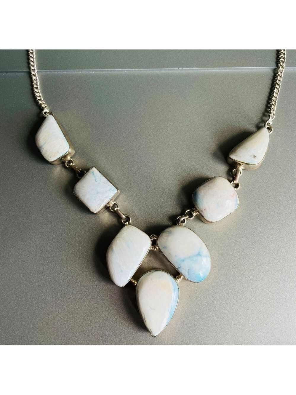 Light Blue & White Larimar Multi Shape Stone Statement Necklace, Sterlin…